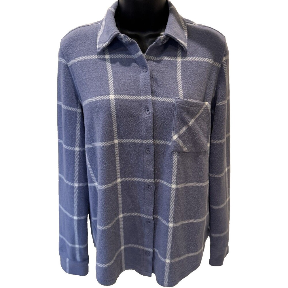 Threads 4 Thought Women Button Up Fleece Sweater Jacket Size S Plaid Blue White